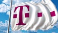 Waving flag with T Telekom logo against moving clouds. 4K editorial animation