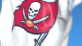 Flying flag with Tampa Bay Buccaneers team logo, close-up. Editorial 3D rendering