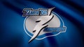 USA - NEW YORK, 12 August 2018: Waving flag with Tampa Bay Lightning NHL hockey team logo. Close-up of waving flag with