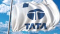 Waving flag with Tata logo against sky and clouds. Editorial 3D rendering