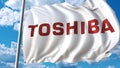 Waving flag with Toshiba logo against sky and clouds. Editorial 3D rendering Royalty Free Stock Photo