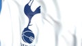 Waving flag with Tottenham Hotspur football team logo, close-up. Editorial 3D rendering