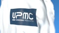 Waving flag with Pierre and Marie Curie University emblem, close-up. Editorial 3D rendering