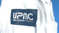 Waving flag with Pierre and Marie Curie University emblem, close-up. Editorial 3D rendering