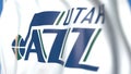 Waving flag with Utah Jazz team logo, close-up. Editorial 3D rendering Royalty Free Stock Photo