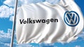 Waving flag with Volkswagen logo against sky and clouds. Editorial 3D rendering