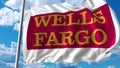 Waving flag with Wells Fargo logo against sky and clouds. Editorial 3D rendering