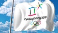 Waving flag with 2018 Winter Olympics logo against clouds and sky. Editorial 3D rendering