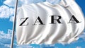 Waving flag with Zara logo against sky and clouds. Editorial 3D rendering