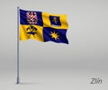 Waving flag of Zlin - region of Czech Republic on flagpole. Tem