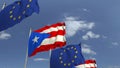 Waving flags of Puerto rico and the European Union EU, 3D rendering