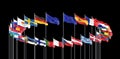27 waving flags of countries of European Union EU. Black background. 3D illustration