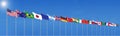 Waving flags countries of members Group of Twenty. Big G20 in Japan in 2020 . Blue sky background. 3d rendering.  Illustration Royalty Free Stock Photo