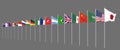 Waving flags countries of members Group of Twenty. Big G20 in Japan in 2020. Isolated on grey. 3d rendering. Illustration