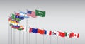 Waving flags countries of members Group of Twenty. Big G20 21Ã¢â¬â22 November 2020 in the capital city of Riyadh, Saudi Arabia.