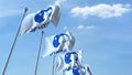 Waving flags with Danone logo against sky, editorial 3D rendering