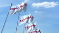 Waving flags with Exxon Mobil logo against sky, editorial 3D rendering