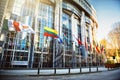 Waving flags in front of European Parliament building, Brussels Royalty Free Stock Photo