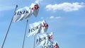 Waving flags with HSBC logo against sky, editorial 3D rendering