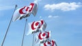 Waving flags with Mitsubishi UFJ Financial Group MUFG logo against sky, editorial 3D rendering