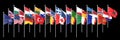 The 28 waving Flags of NATO Countries - North Atlantic Treaty. Isolated on black background - 3D illustration