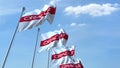 Waving flags with Oracle logo against sky, editorial 3D rendering
