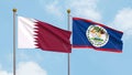 Waving flags of Qatar and Belize on sky background. Illustrating International Diplomacy, Friendship and Partnership with Soaring