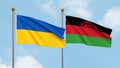 Waving flags of Ukraine and Malawi on sky background. Illustrating International Diplomacy, Friendship and Partnership with