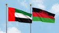 Waving flags of United Arab Emirates and Malawi on sky background. Illustrating International Diplomacy, Friendship and