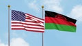 Waving flags of the United States of America and Malawi on sky background. Illustrating International Diplomacy, Friendship and
