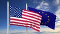 Waving flags of USA and EU on flagpole Royalty Free Stock Photo