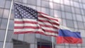 Waving flags of the USA and Russia in front of a modern skyscraper facade. 3D rendering Royalty Free Stock Photo