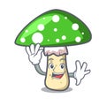 Waving green amanita mushroom character cartoon