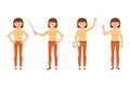 Waving hello, pointing finger, holding wand, standing girl cartoon character set on white background