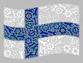 Waving Industrial Finland Flag - Collage of Gear and Spanner Wheels