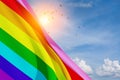 Waving LGBT pride flag on the blue sky with flying birds, rainbow flag background. Multicolored peace flag movement.