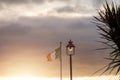 Waving National flag of Ireland by a lamp post and palm tree silhouette. Sun rise sky in the background. Sun glow. Irish tricolor Royalty Free Stock Photo