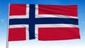 Waving National Flag Of Norway In The Wind With Pole On Cloudy Fog Glitter Dust Flying Blue Sky 3D Royalty Free Stock Photo