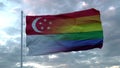 Waving national flag of Singapore and LGBT rainbow flag background. 3d rendering