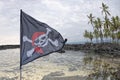 Waving pirate flag jolly roger on tropical island background