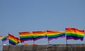 Waving rainbow flags on Tel-Aviv`s beach cafe Royalty Free Stock Photo