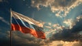 Waving Russian flag against a blue sky with clouds and empty space for text. Room for text. National flag of the Russian Royalty Free Stock Photo