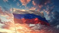 Waving Russian flag against a blue sky with clouds and empty space for text. Room for text. National flag of the Russian Royalty Free Stock Photo