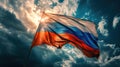 Waving Russian flag against a blue sky with clouds and empty space for text. Room for text. National flag of the Russian Royalty Free Stock Photo