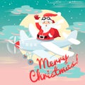 Waving Santa Claus flying on the plane with sack full of presetns. Flat style Royalty Free Stock Photo