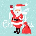 Waving Santa Claus with sack full of presetns. Flat style Royalty Free Stock Photo