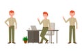 Waving, saying hello, victory sign, standing near desk character boy