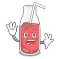 Waving strawberry smoothie character cartoon