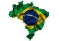 Waving textile flag of Brazil fills country map. White isolated background, 3d illustration