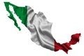 Waving textile flag of Mexico fills country map. White isolated background, 3d illustration Royalty Free Stock Photo